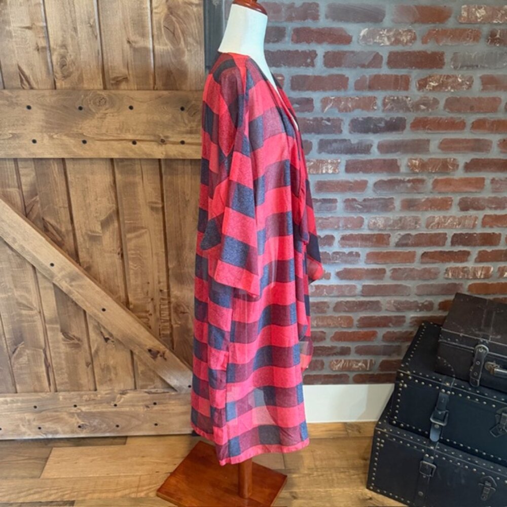 LuLaRoe Red Black Buffalo Plaid Duster Cardigan Size Large Sheer Kimono - Picture 4 of 9